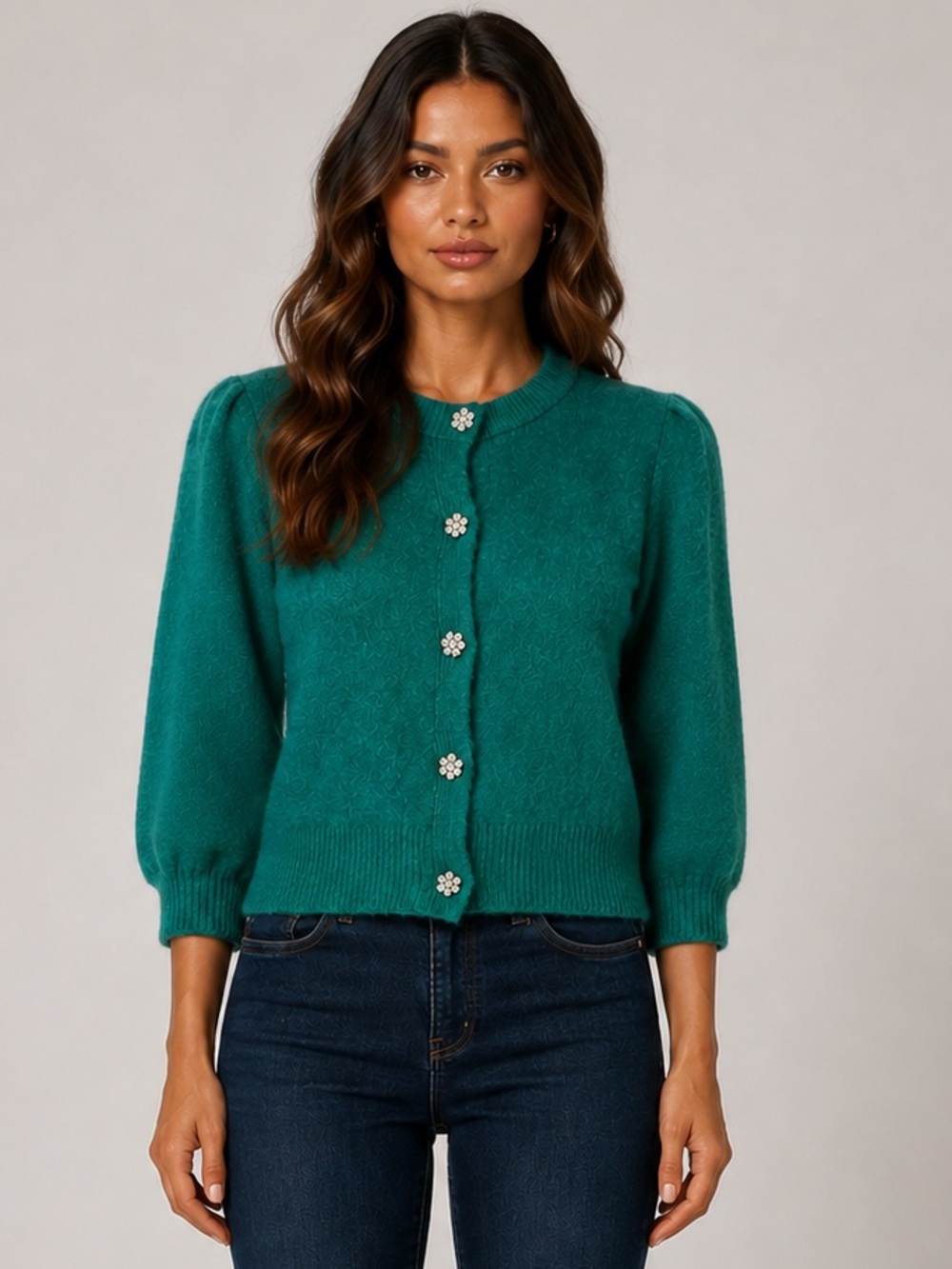 Zara Elegant Rhinestones Button down Emerald Green Puff-Sleeve Knit Cardigan
